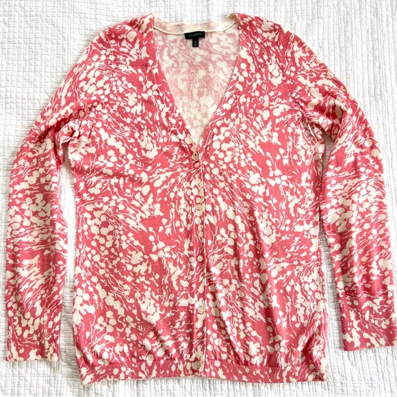 Talbots Salmon Pink and White Art To Wear Button Down Knit Cardigan Size Medium - Picture 1 of 9